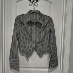 SHEIN Striped Button-Up Top - Blue and Brown